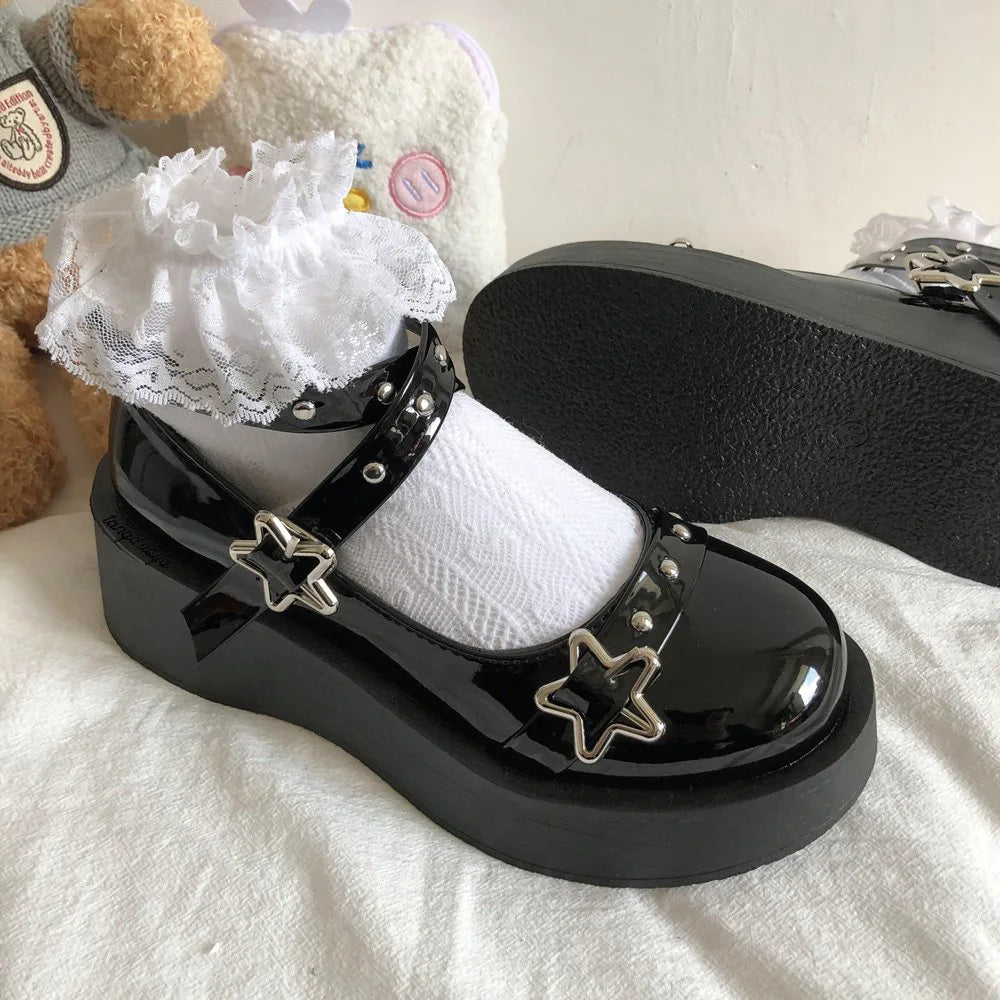 Women heels Lolita shoes platform mary jane Shoes Star Buckle Strap Mary Janes Women Cross-tied Girls Rivet Casual Shoes kawaii