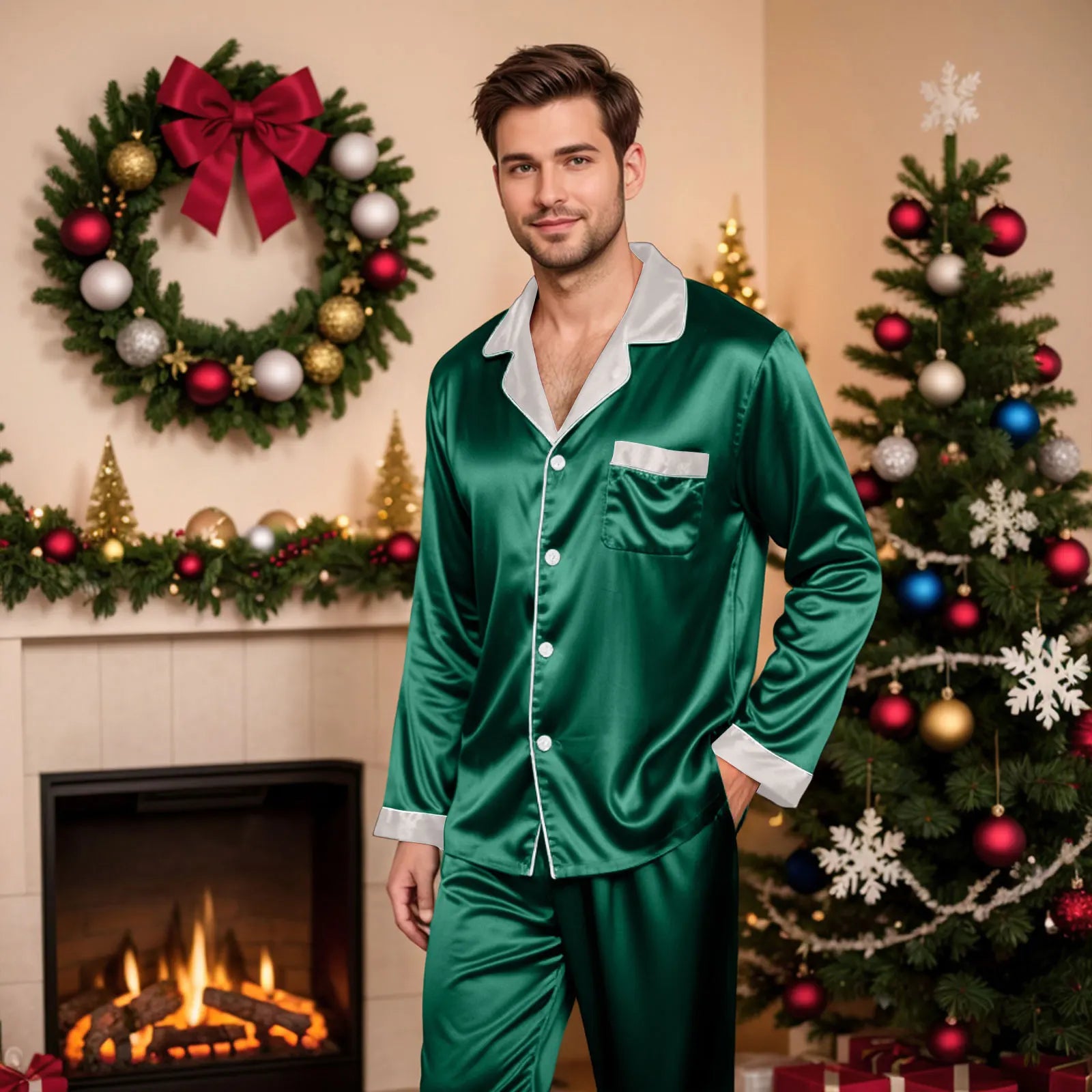 Silk Satin Christmas Family Pajamas Matching Sets Plus Size Lapel Long Sleeve Shirts And Pants Soft Silk Sleepwear Mom Dad Xmas