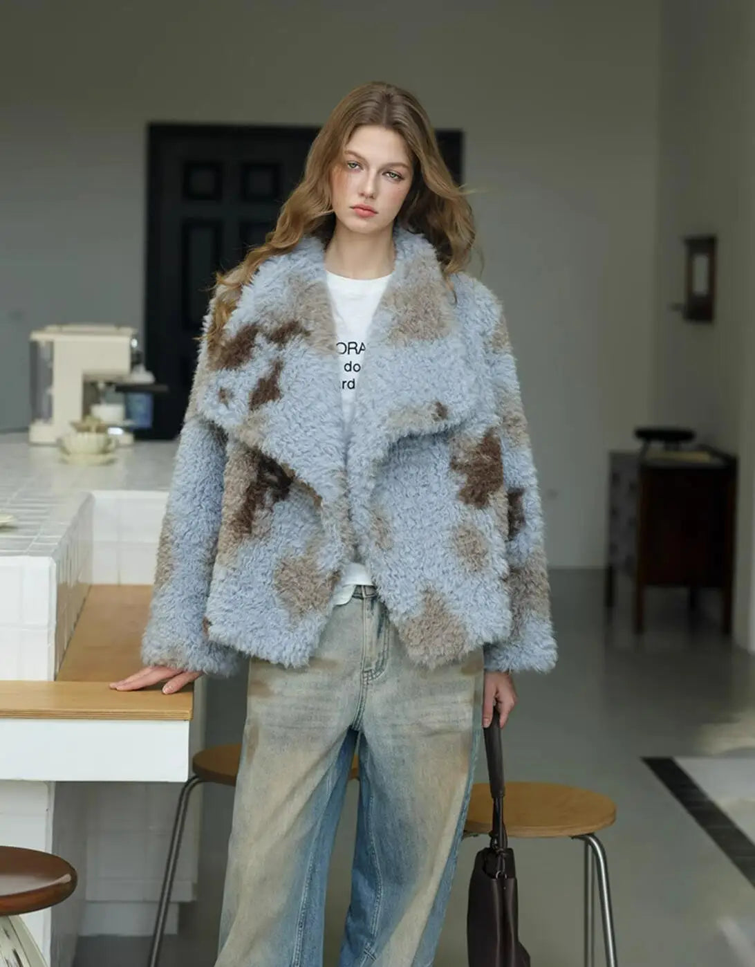 HIGH QUALITY Winter Large Lapel Curly Lamb Fur Coat Long sleeve Warm Shaggy Tie dye Gradient Faux Fur Jacket Loose Outerwear