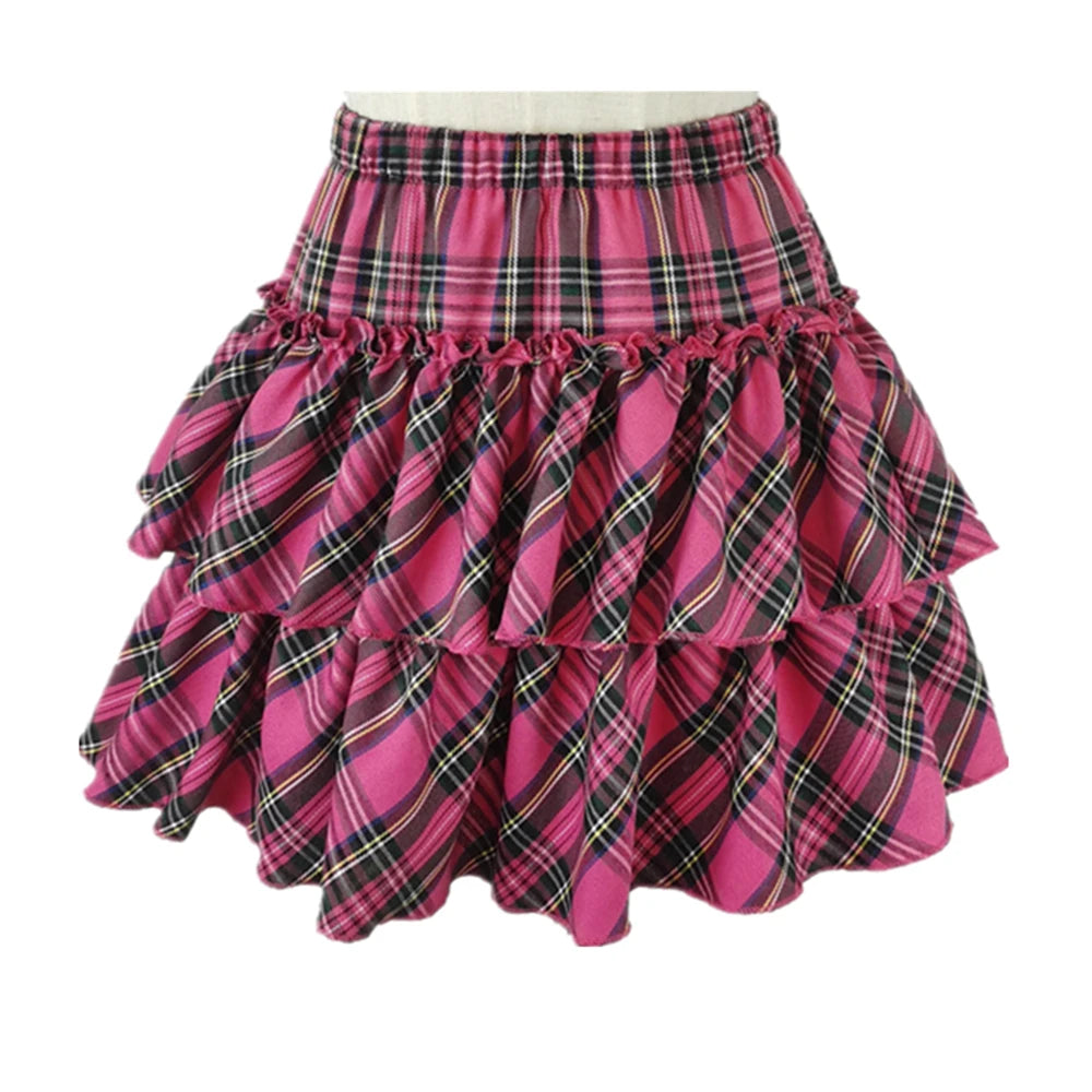 Women Pink Sexy Punk Gothic Zipper Sleeveless Suit Sweet Personality Chain Sleeveless Short T-shirt Streetwear Plaid Skirts