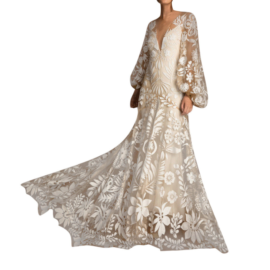 Fashion Floral Print Flared Sleeves Evening Dress Boho Women Holiday V-Neck Backless Sundress High Waist Wedding Guest Ball Gown