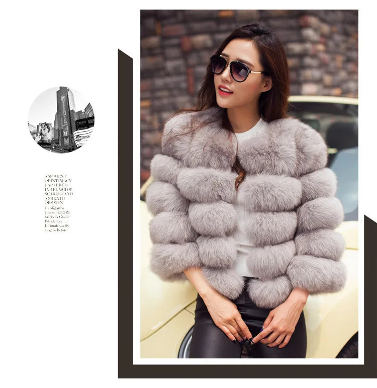 Women Faux Fox Fur Coats Zipper Short Coat Jackets Elegant Thick Warm Solid Jacket Lady Furry Outerwear Elegant Splice Winter