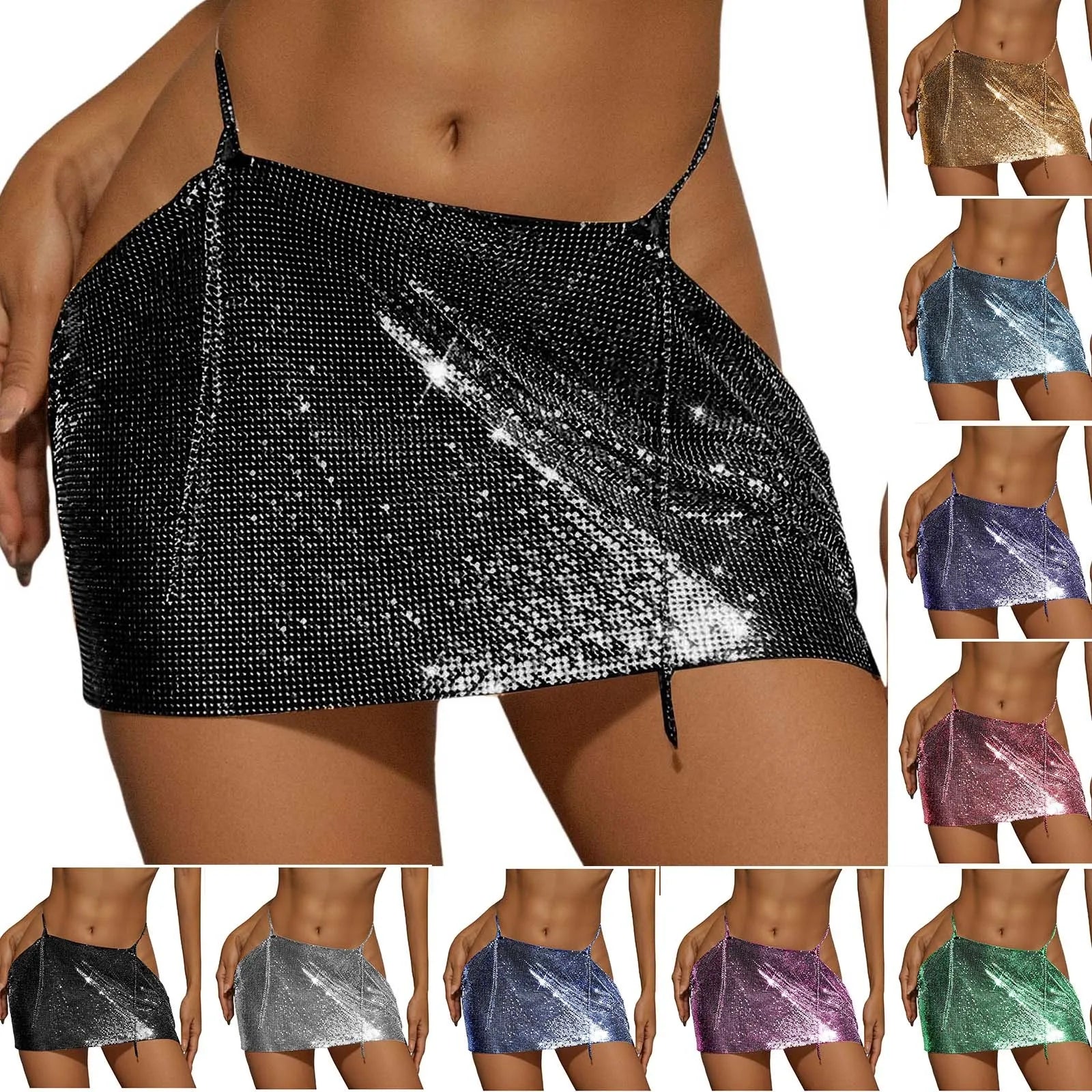 Women Sparkly Sequins Mini Skirt Low Waist Metal Chains Waistband Glitter Skirts Sexy Miniskirt Nightclub Rave Party Clubwear