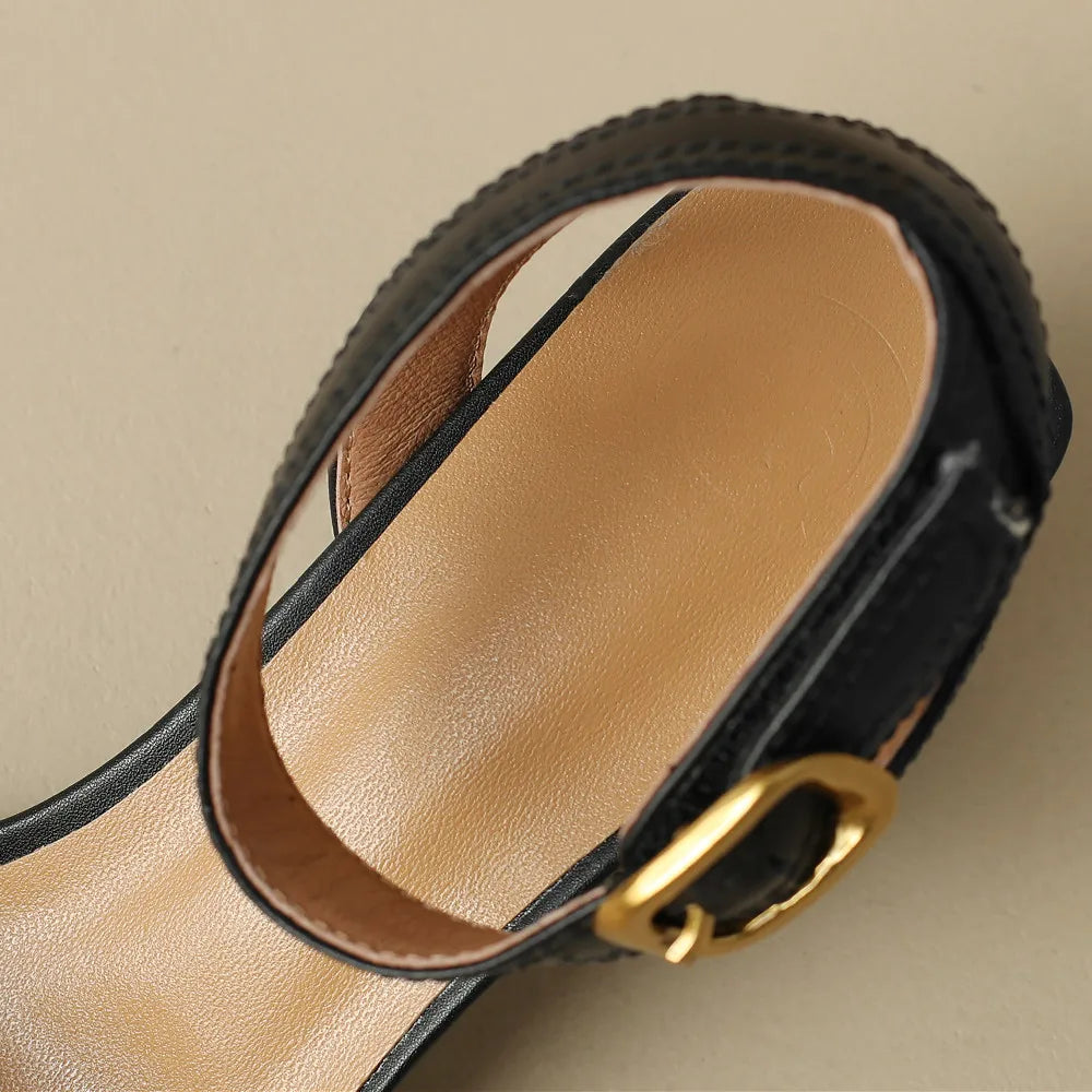 Women's genuine leather sandals narrow band ankle strap 6cm thick med heel open toe summer pumps heels casual shoes for women 42