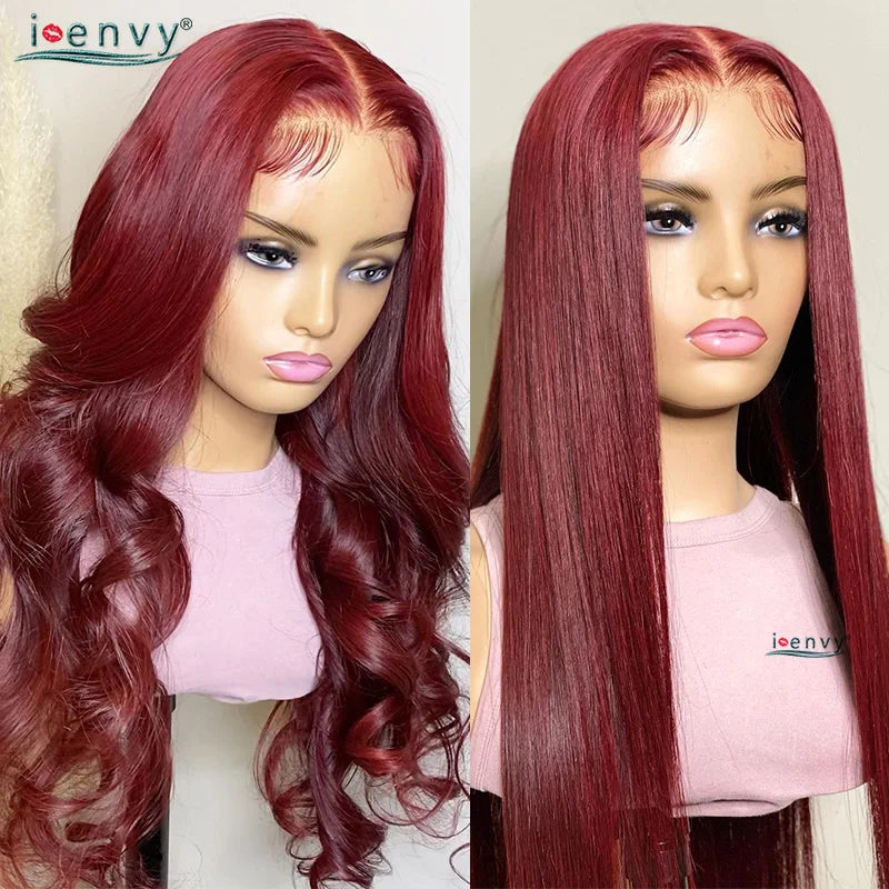 13X4 HD Transparent Lace Front Wigs Burgundy Red Human Hair Wigs PrePlucked 13X6 32Inch Body Wave Lace Front Wig For Women Curly