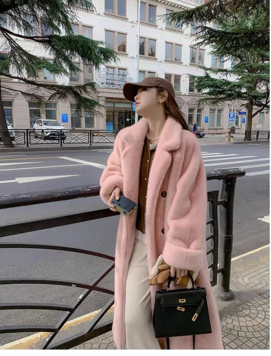 Women Winter Warm Thicken Long Fur Coat 2025 New Women Imitation Rabbit Fur Temperament Fur Coat Double-Breasted Fur Jacket