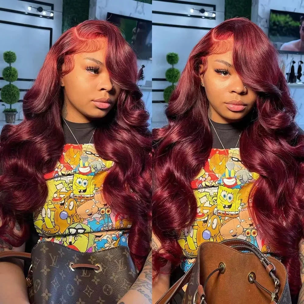 200% Colored 99j Wine Red Human Hair Wig Brazilian 40 Inch Burgundy 13x6 HD Lace Frontal Wig Body Wave 100% Remy Human Hair Wigs