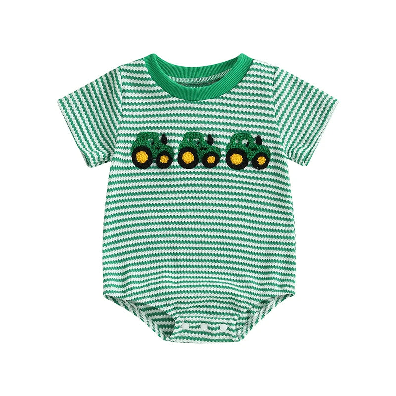 2024-12-04 Lioraitiin Summer Baby Girls Boys Rompers Waffle Truck Embroidery Stripe Short Sleeve Jumpsuits