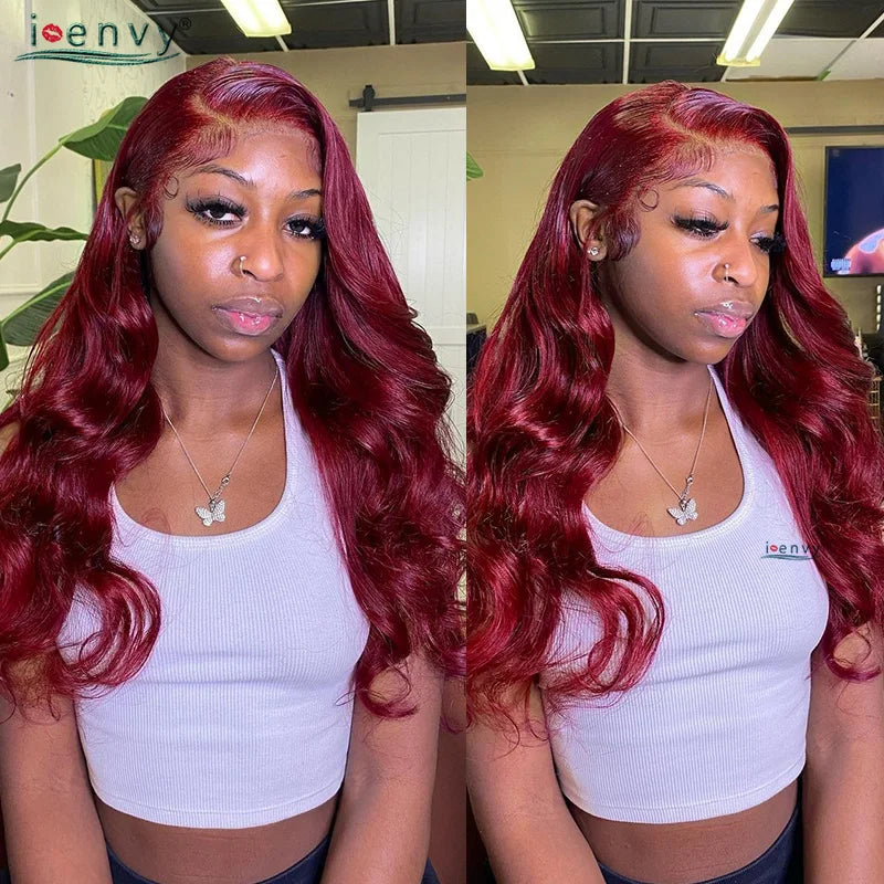 13X4 HD Transparent Lace Front Wigs Burgundy Red Human Hair Wigs PrePlucked 13X6 32Inch Body Wave Lace Front Wig For Women Curly