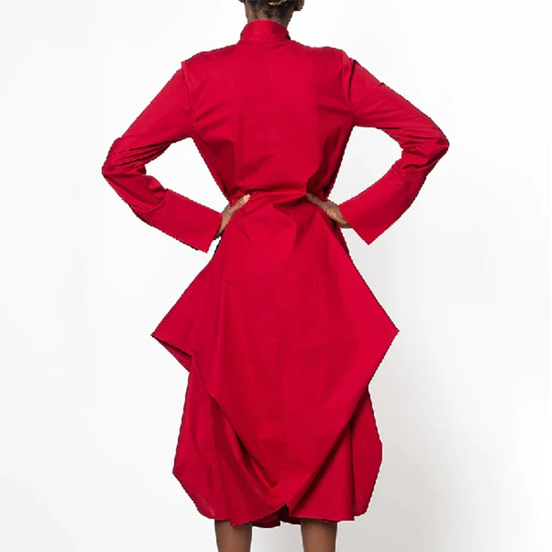 Onecozyday 2025 Stylish Women's Elegant Party Dress Solid Red Long Sleeves Stand-Collar Loose Prom Midi Dresses For Women