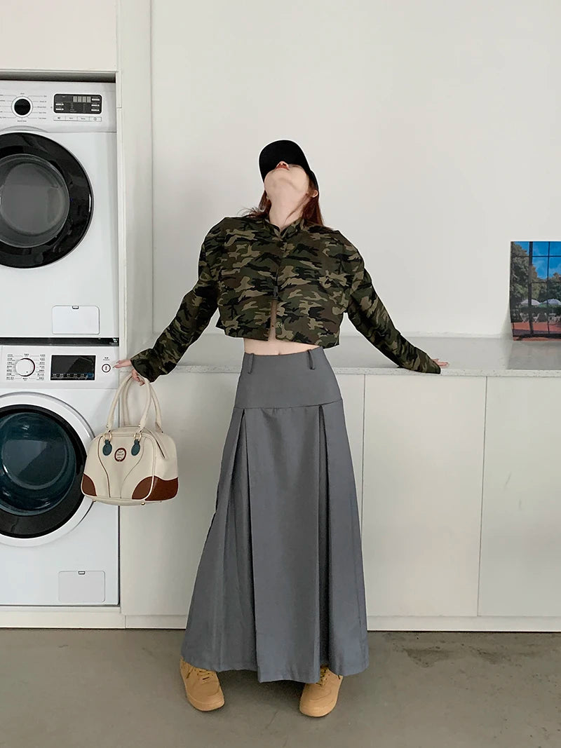 Qiukichonson Grey Midi Long Skirts Womens Trousers Skirt 2022 Autumn Winter Goth Lolita High Waist Asymmetrical Pleated Skirts