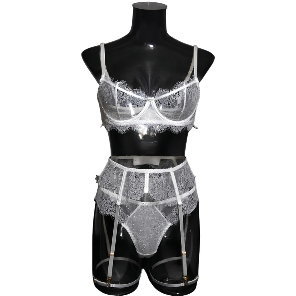 Krasapt Fancy White Lace Lingerie 2 Piece Sets Woman Hollow Out See Through Bras And Thongs Erotic Suits Delicate Fairy Bilizna