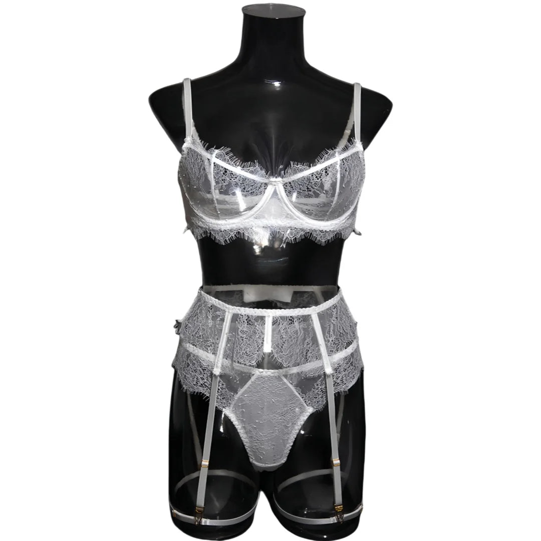 Krasapt Fancy White Lace Lingerie 2 Piece Sets Woman Hollow Out See Through Bras And Thongs Erotic Suits Delicate Fairy Bilizna