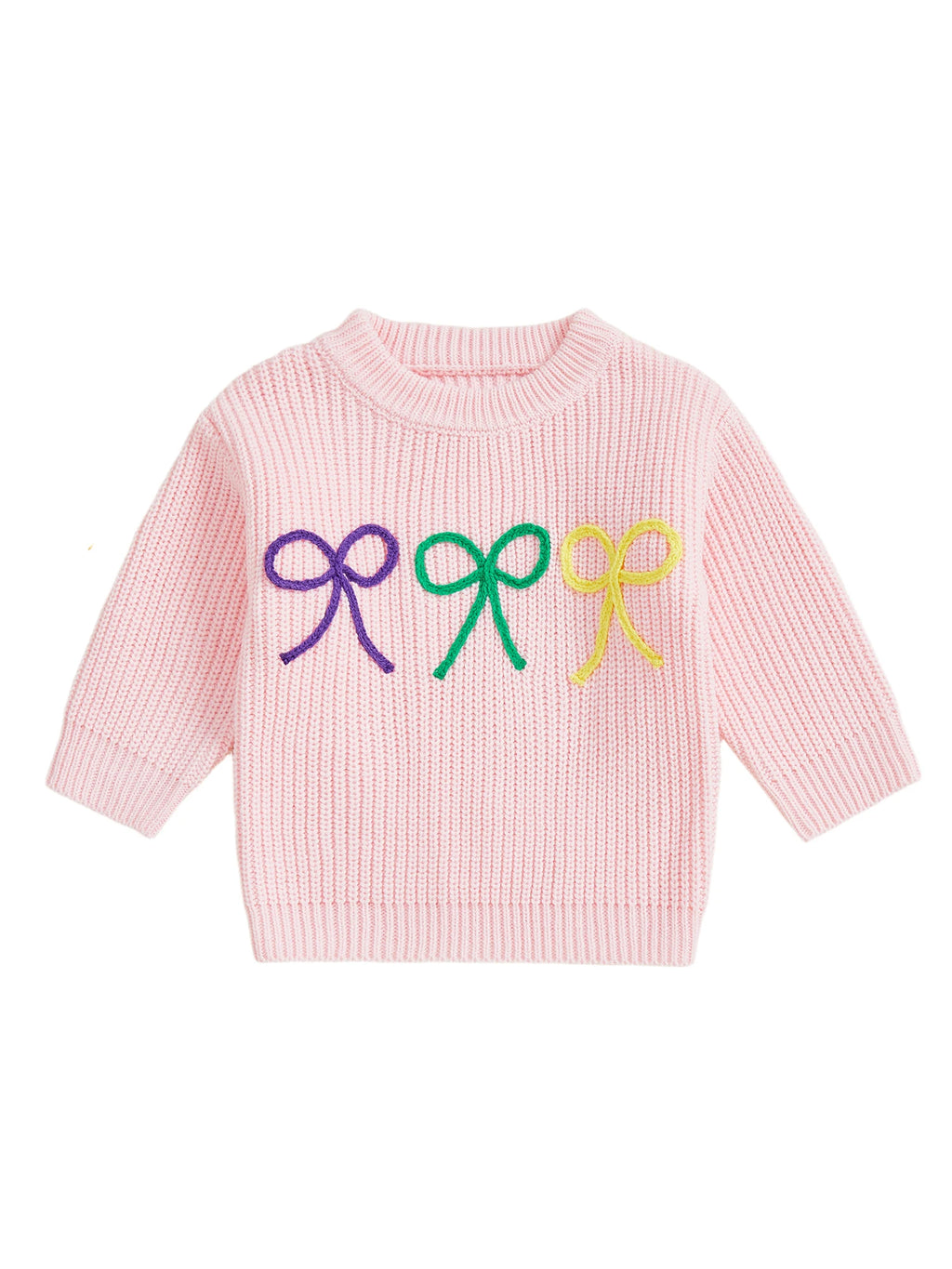 Mardi Gras Toddler Girl Sweater with Embroidered Bow Detail Crew Neck Long Sleeves and Chunky Knit Design for Cozy Style