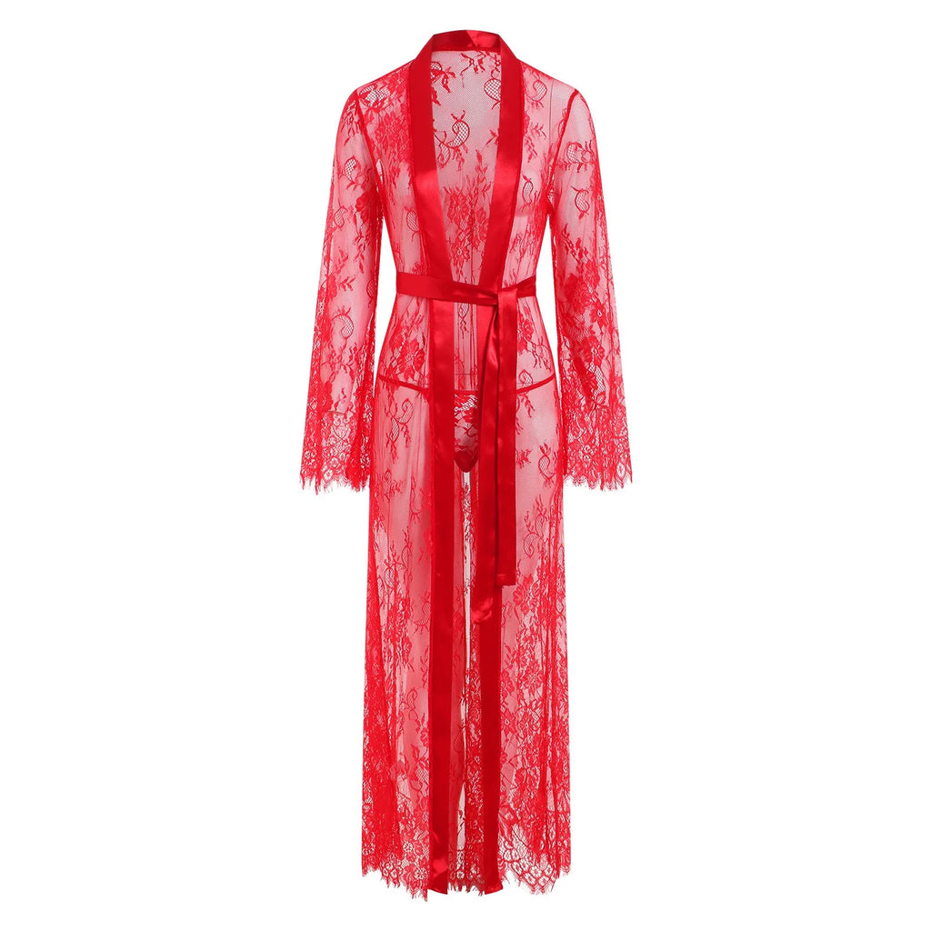 Women Nightgown Mesh See Through Nightdress Sexy Lingerie Lace Long Night Robe Gown Set Thong Long Sleeve Exotic Babydoll Dress