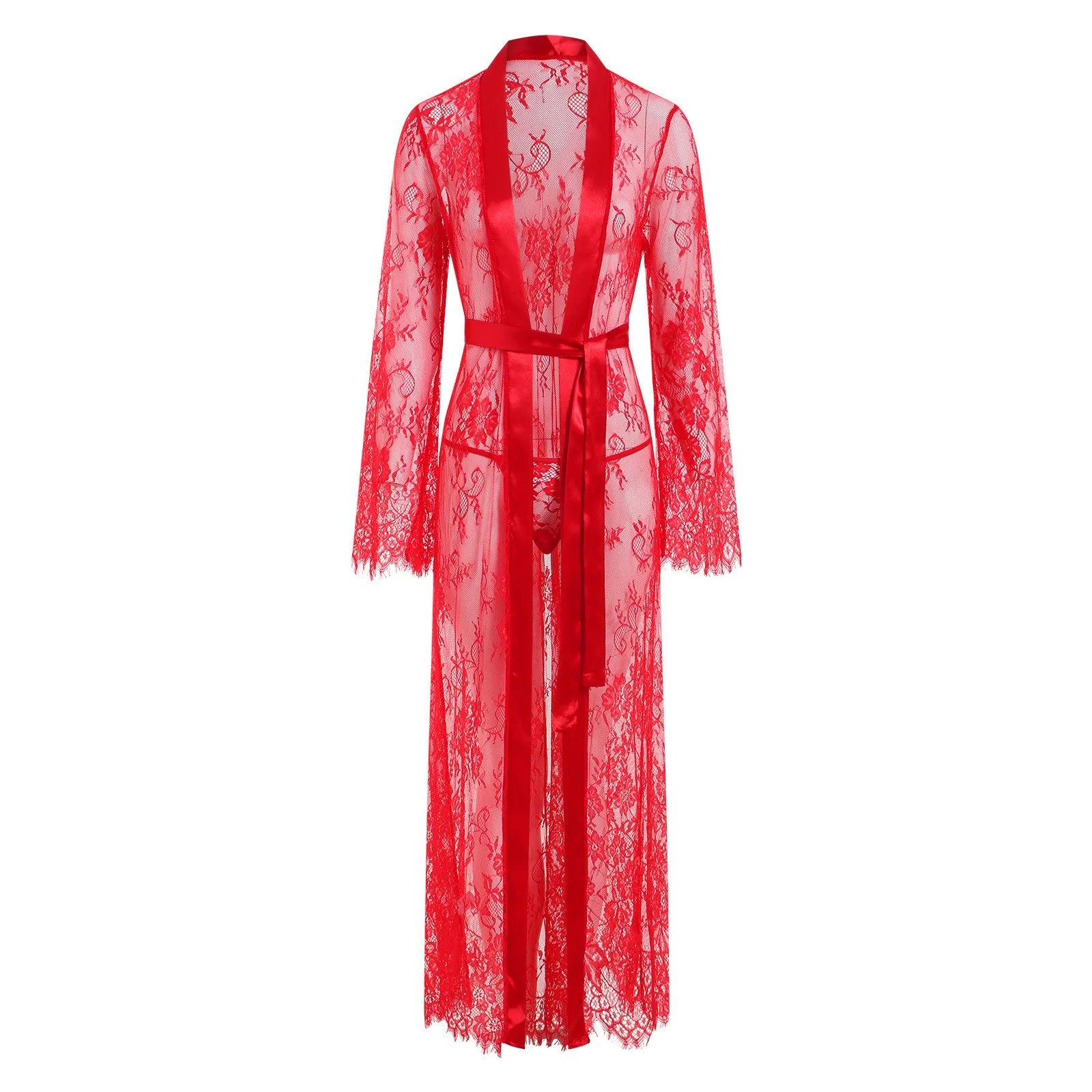 Women Nightgown Mesh See Through Nightdress Sexy Lingerie Lace Long Night Robe Gown Set Thong Long Sleeve Exotic Babydoll Dress
