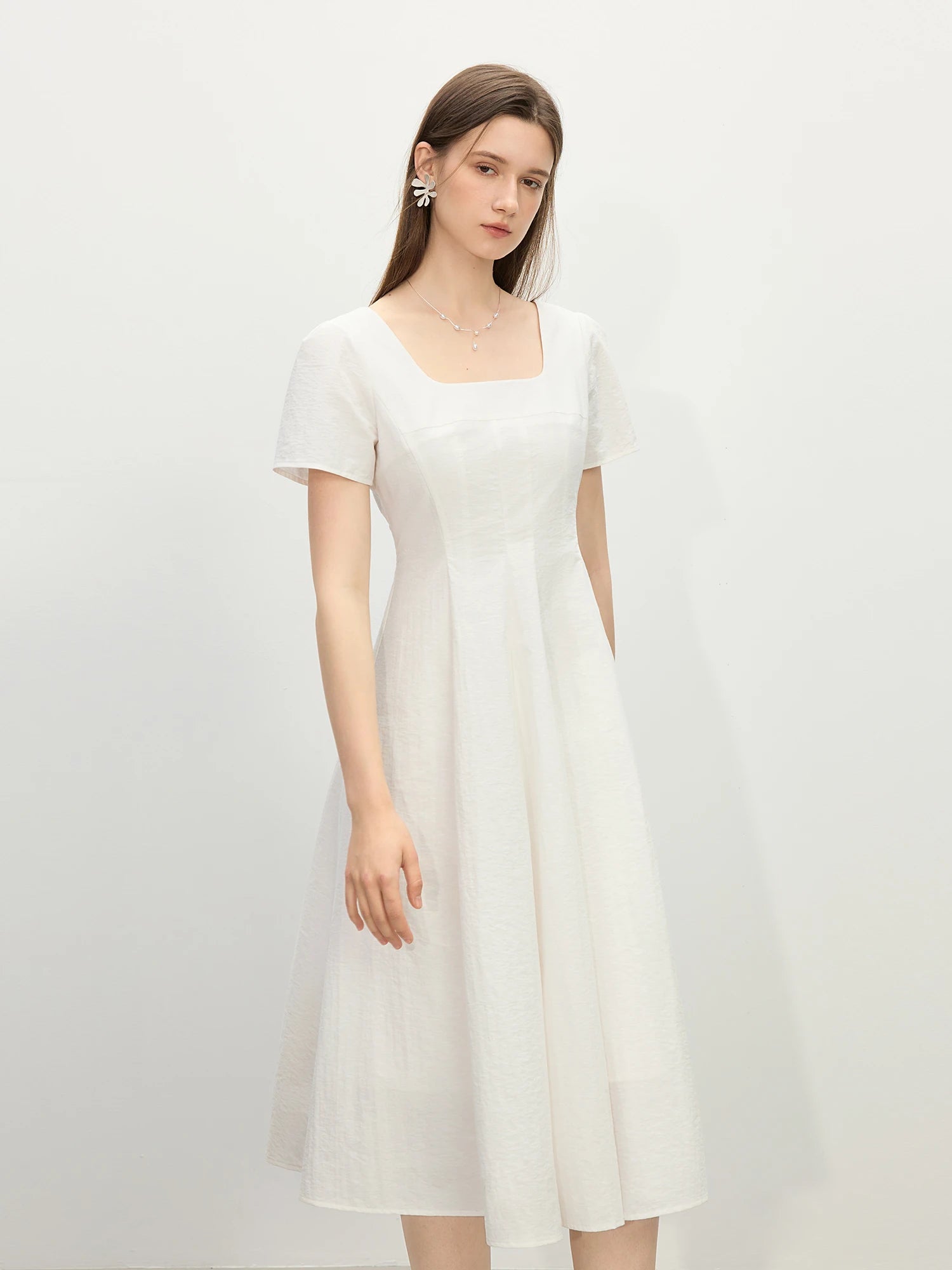 FSLE Gentle Temperament High Waist Short Sleeve Square Collar A-line Dress Female Summer 2025 New Arrival Long Dress 25FS12104