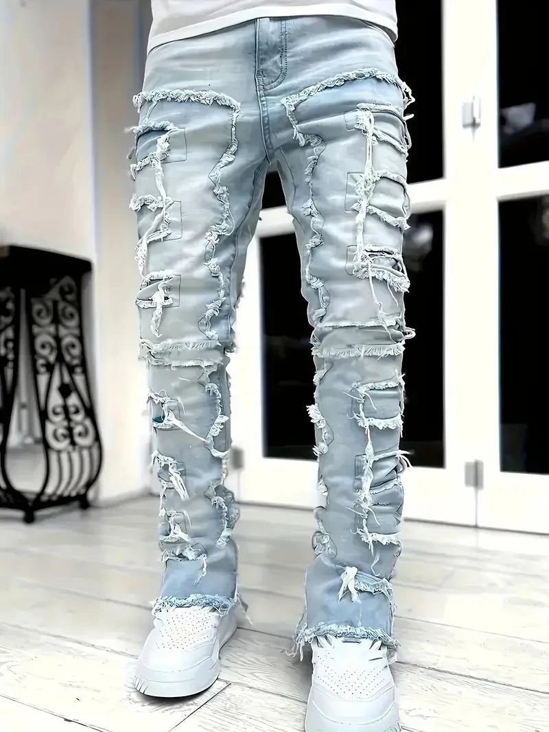 Y2K hip-hop style jeans, men's casual street-style stretch jeans, fashionable versatile stretch denim pants