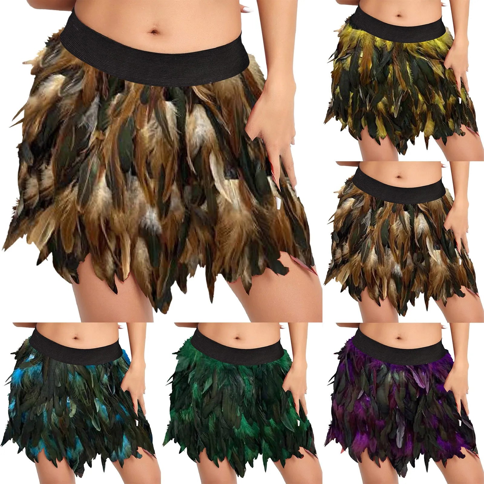 Women Faux Feather Mini Skirt Harajuku Rave Stage Performance Ball Gown Festival Carnival Club Party Dance Skirts Faldas Mujer