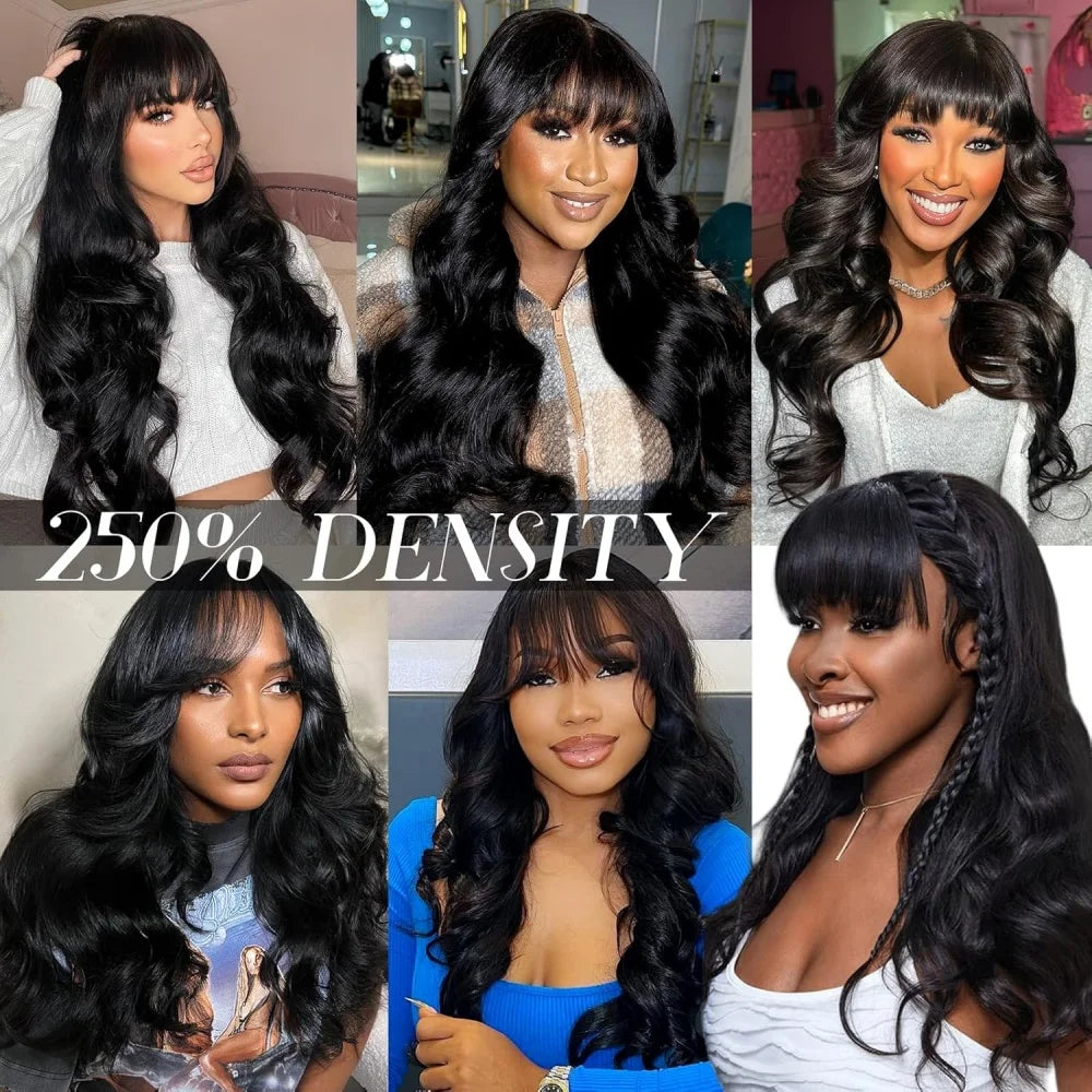 Body Wave Human Hair Wig with Bangs Middle Part 3x1 Lace Frontal Wig with Bangs Brazilian Human Hair Body Wave 34 Inch for Women