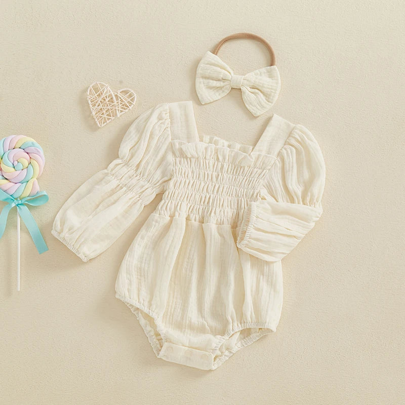 2024-10-29 Lioraitiin Baby Girls Spring Romper Long Sleeve Square Neck Solid Color Romper with Headband