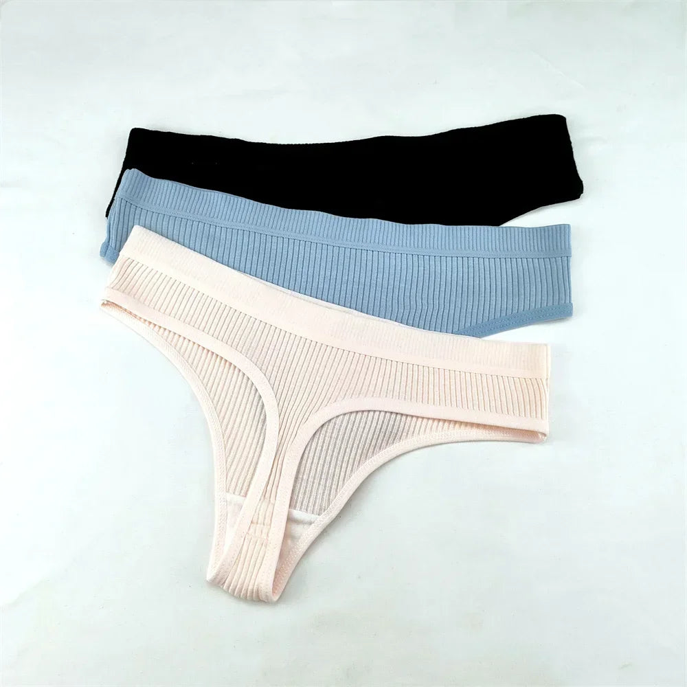 3Pcs/Set Women Thong G String Soft Ribbed Cotton Brazilian Panties Solid Color Low Rise Underwear Female Intimates Lingerie