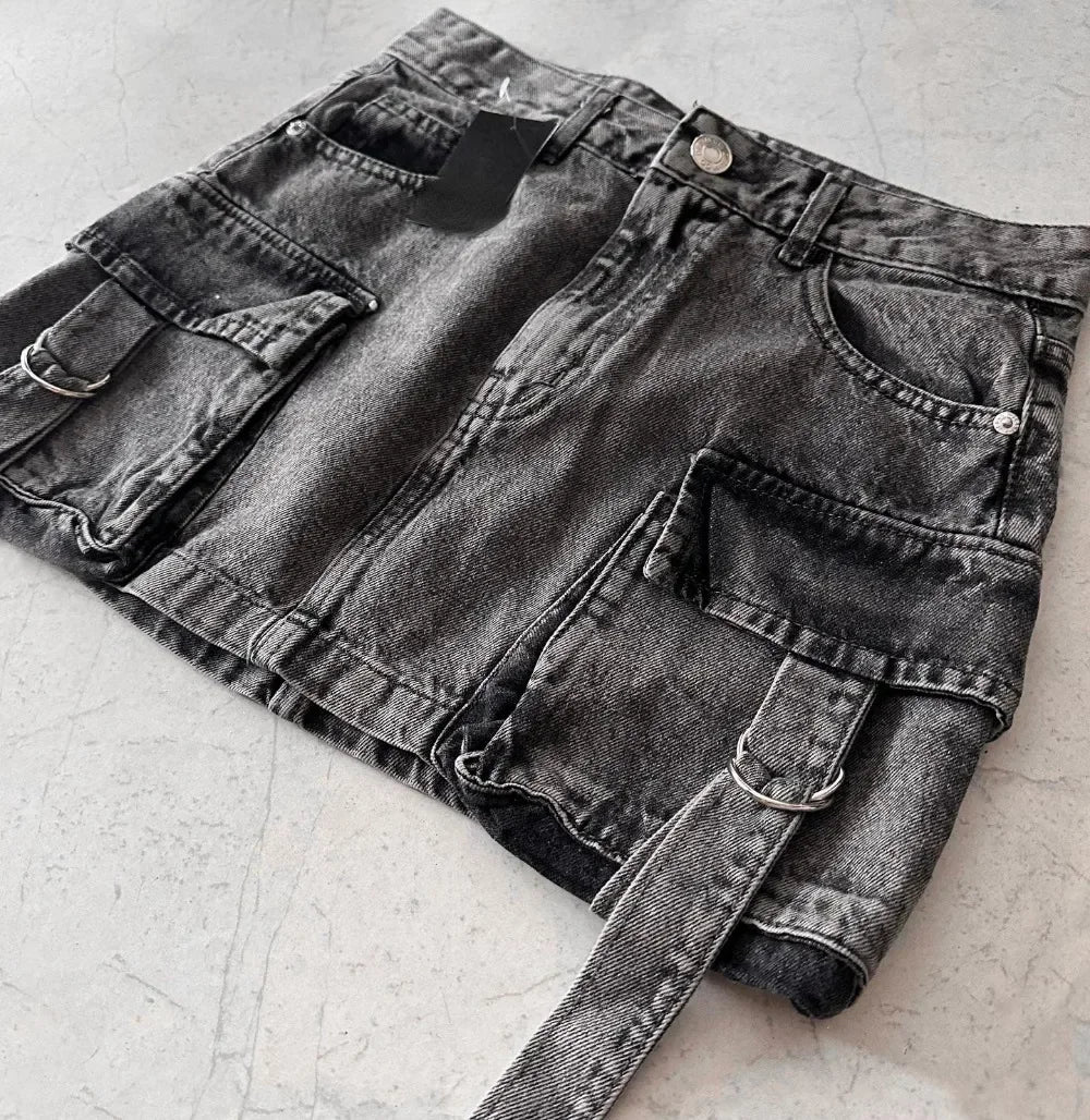 Y2k Harajuku Retro Mini Skirt Womens Fashionable Off White Multi Pocket Ultra Short Denim Skirt Gothic Casual Sexy Short Skirt
