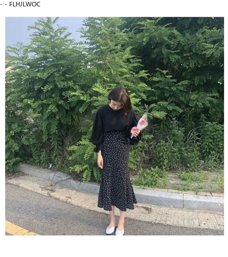 2024 Summer Skirt Long Hot Sales Women Black White Dot Preppy Style Girls Korean Design High Waist Black Skirt 3024