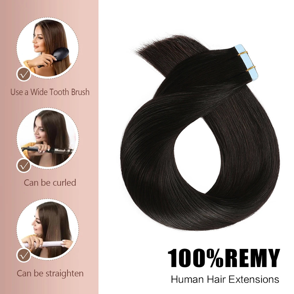 Jet Black #1 Tape In Hair Extensions Human Hair 12-24 Inches 50g 20Pcs/Pack Tape Ins Human Hair Extensions Real Human Hair Tape