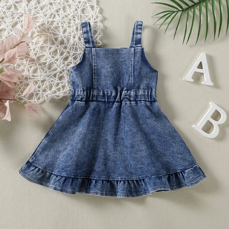 Lioraitiin Baby Girl Off Shoulder Ruffle Denim Dress with Sleeveless Button Down - Cute Summer Outfit for Toddlers