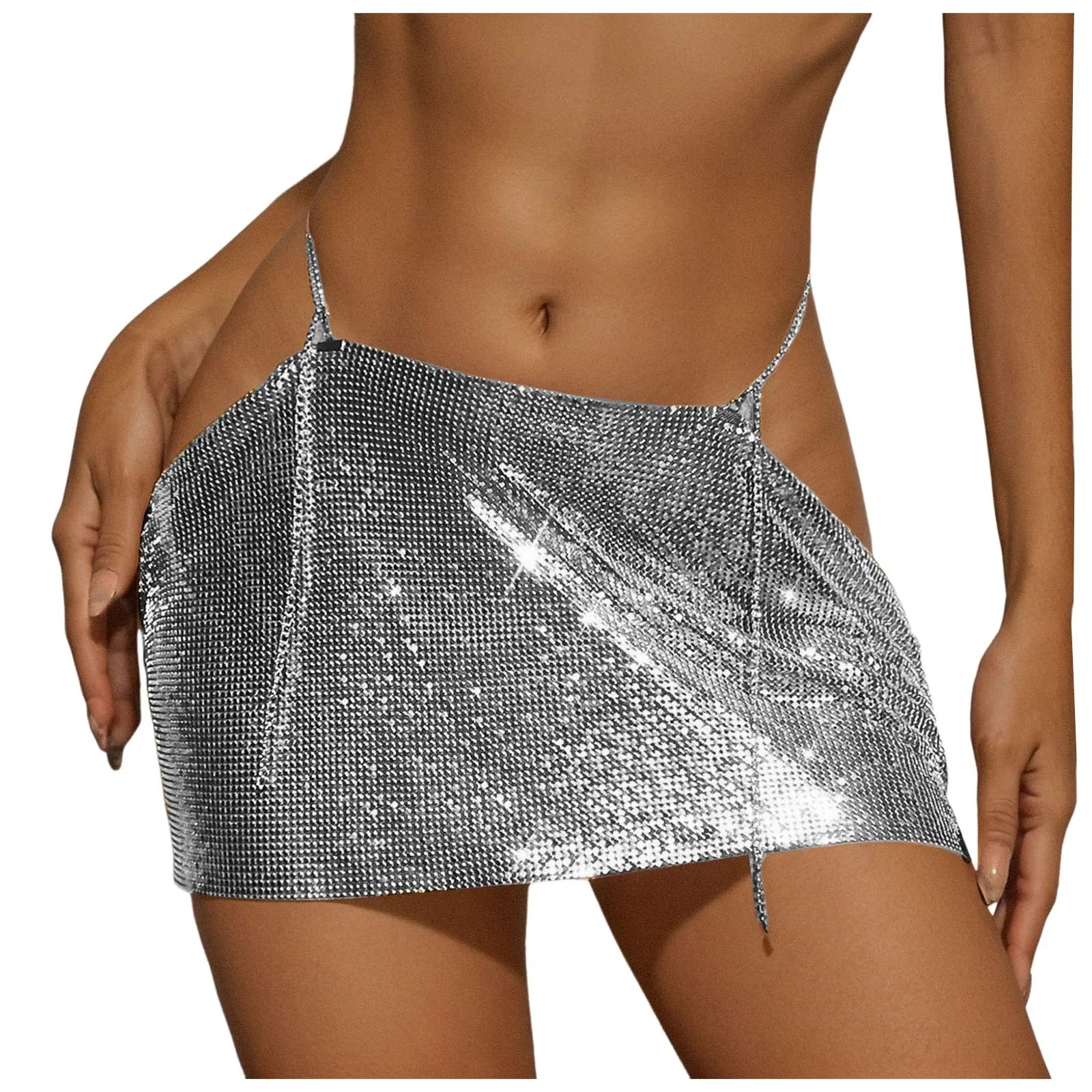Women Sparkly Sequins Mini Skirt Low Waist Metal Chains Waistband Glitter Skirts Sexy Miniskirt Nightclub Rave Party Clubwear