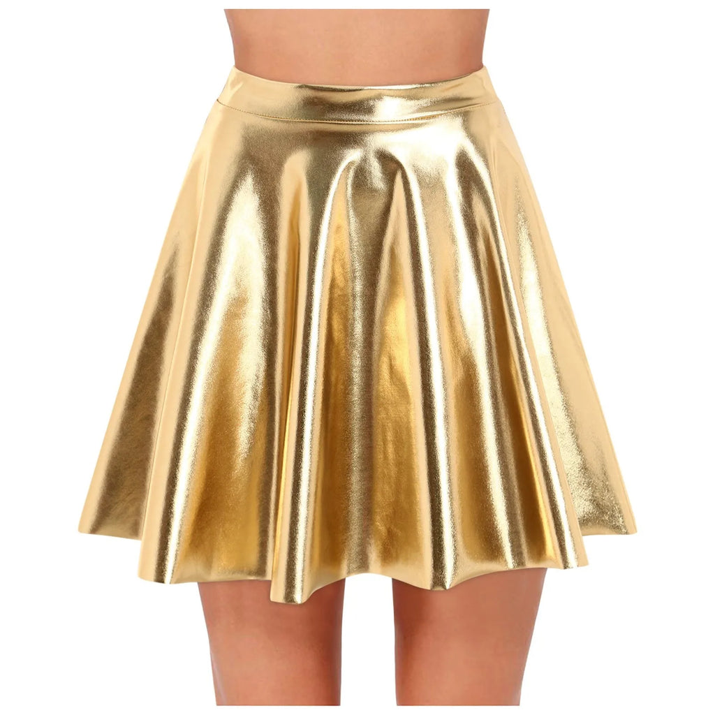 Women's Hight Waist Skirt Shiny Skater Skirt Sparkly Shiny Flared Pleated A Line Mini Skort Girls' Carnival Cosplay Skirt