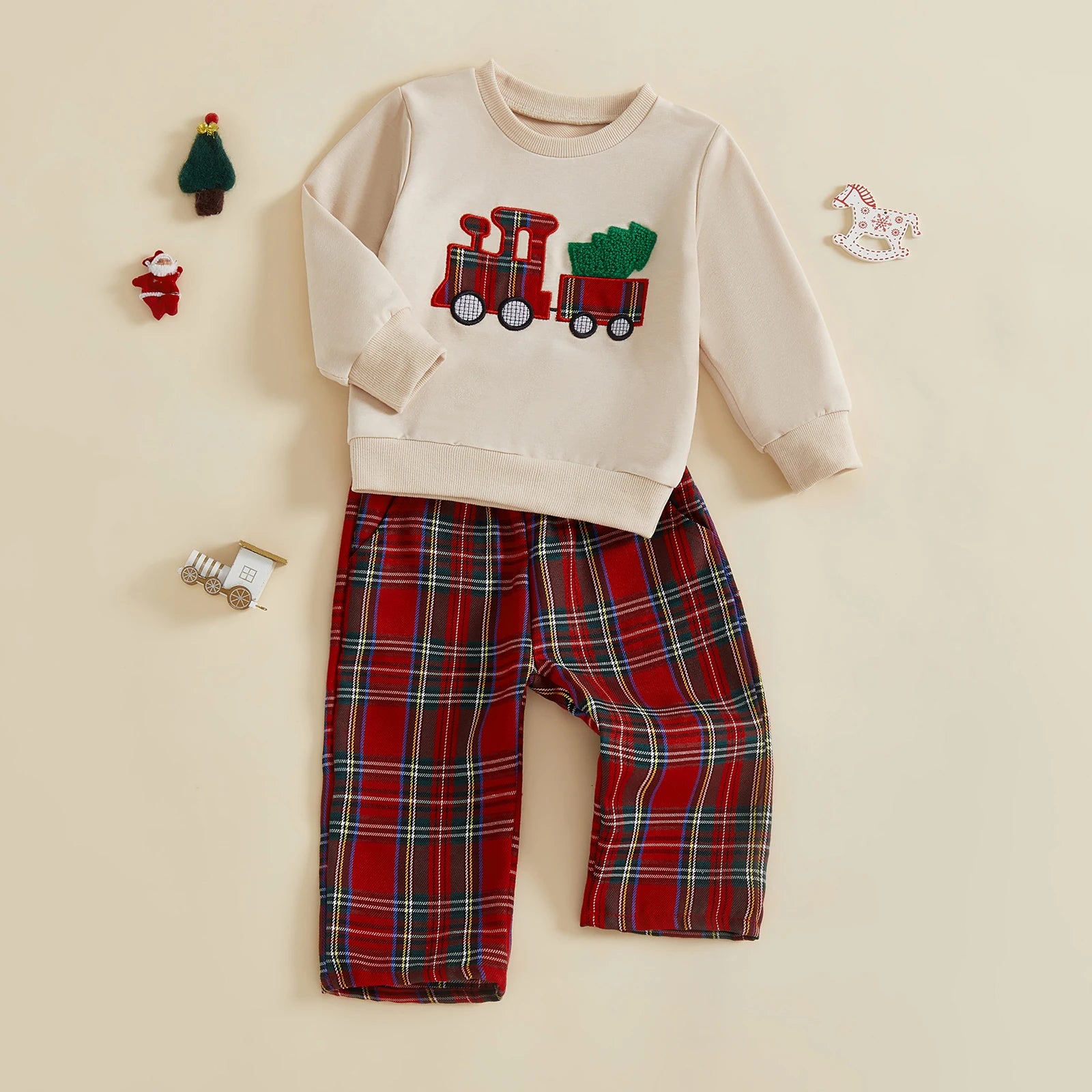 Lioraitiin Toddler Baby Boy Christmas Outfits Long Sleeve Train Embroidery Sweatshirt + Plaid Pants Set Winter Clothes