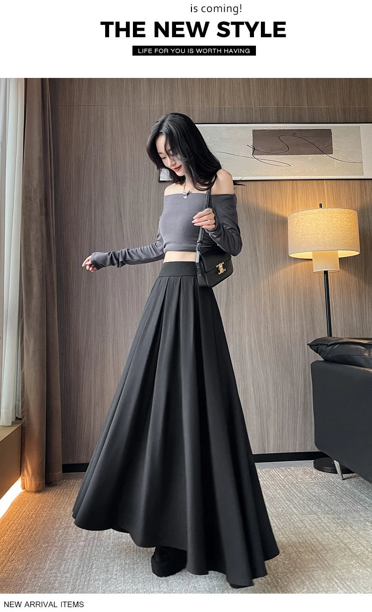 Beiyingni Women Long Suit Maxi Pleated Black Skirts Korean Fashion 2024 Autumn High Waist Slim A-line Skirt Ladies Gray Faldas