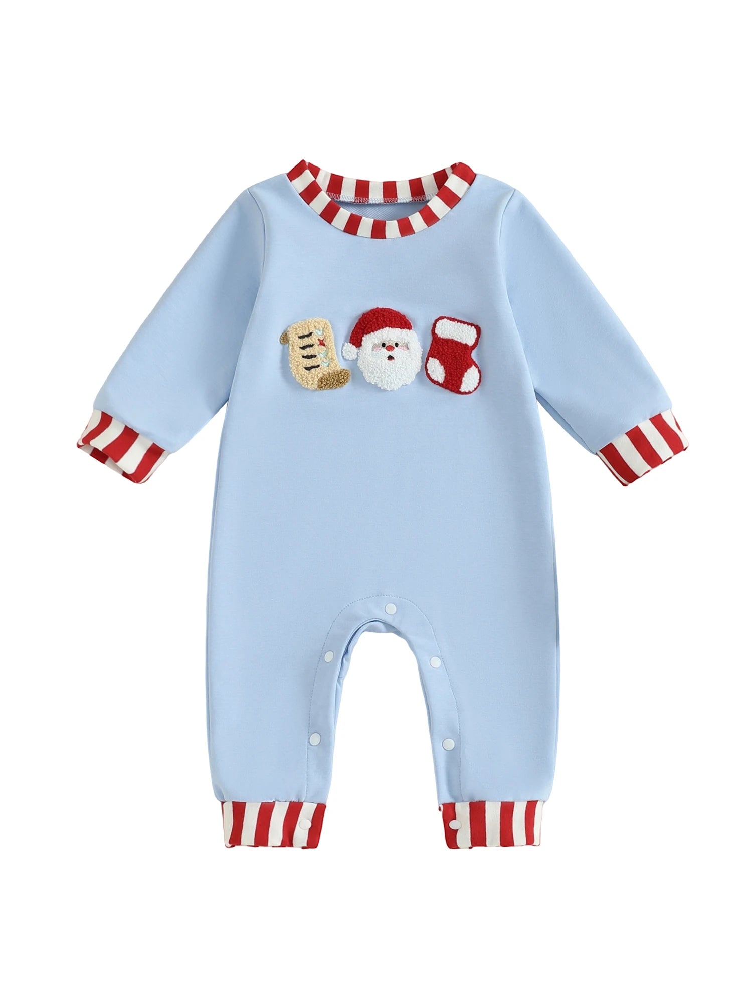 Lioraitiin Newborn Baby Boys Christmas Romper Santa Embroidery Striped Crew Neck Long Sleeve Full Length Jumpsuit