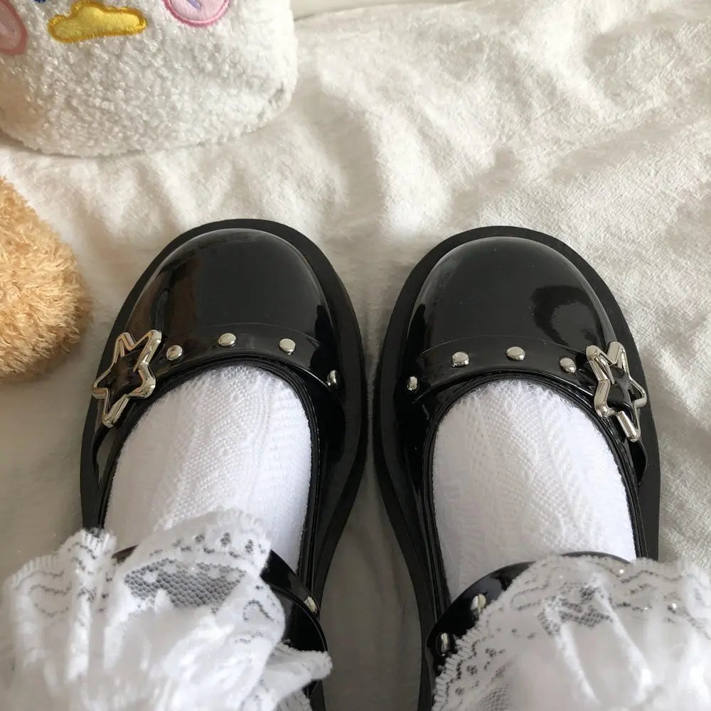 Women heels Lolita shoes platform mary jane Shoes Star Buckle Strap Mary Janes Women Cross-tied Girls Rivet Casual Shoes kawaii