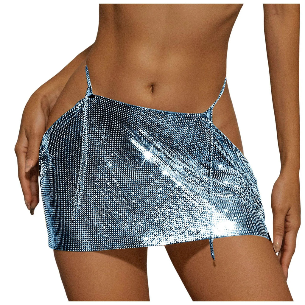 Women Sparkly Sequins Mini Skirt Low Waist Metal Chains Waistband Glitter Skirts Sexy Miniskirt Nightclub Rave Party Clubwear