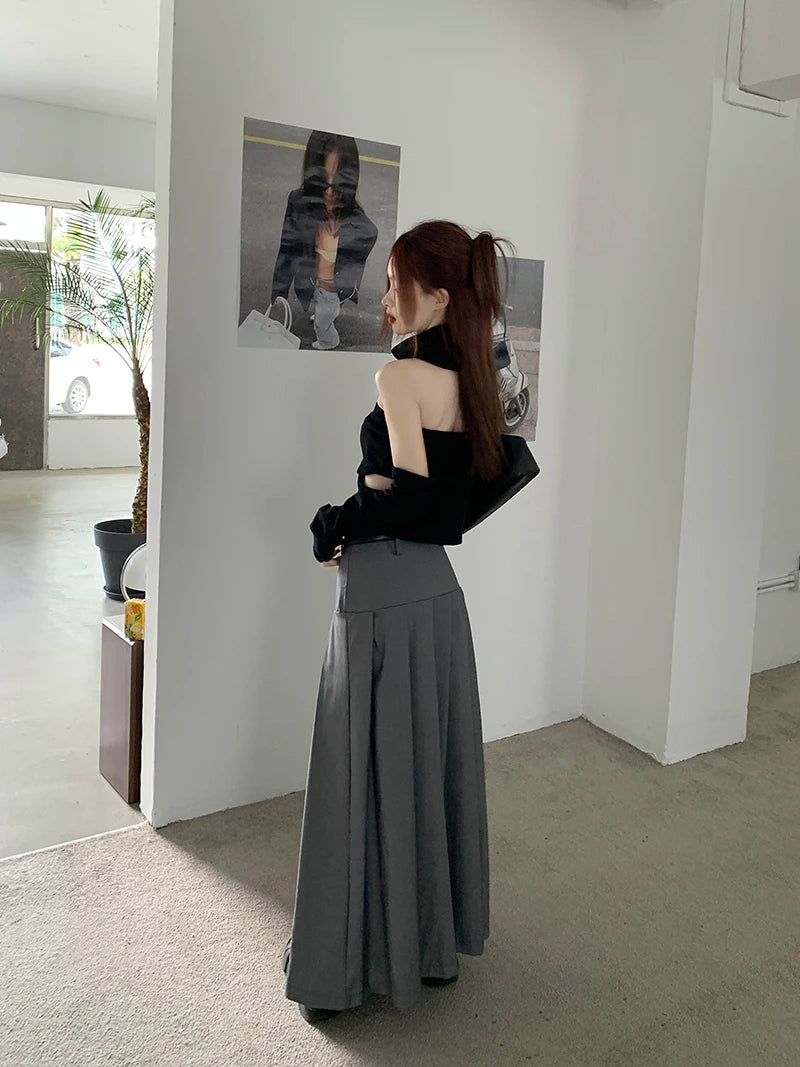 Qiukichonson Grey Midi Long Skirts Womens Trousers Skirt 2022 Autumn Winter Goth Lolita High Waist Asymmetrical Pleated Skirts