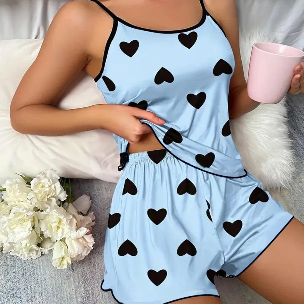 Ice Silk Pajamas for Women, Cute Heart Print Short Sleeve Sleepwear Set, Cool & Breathable for Hot Summer Nights pijama
