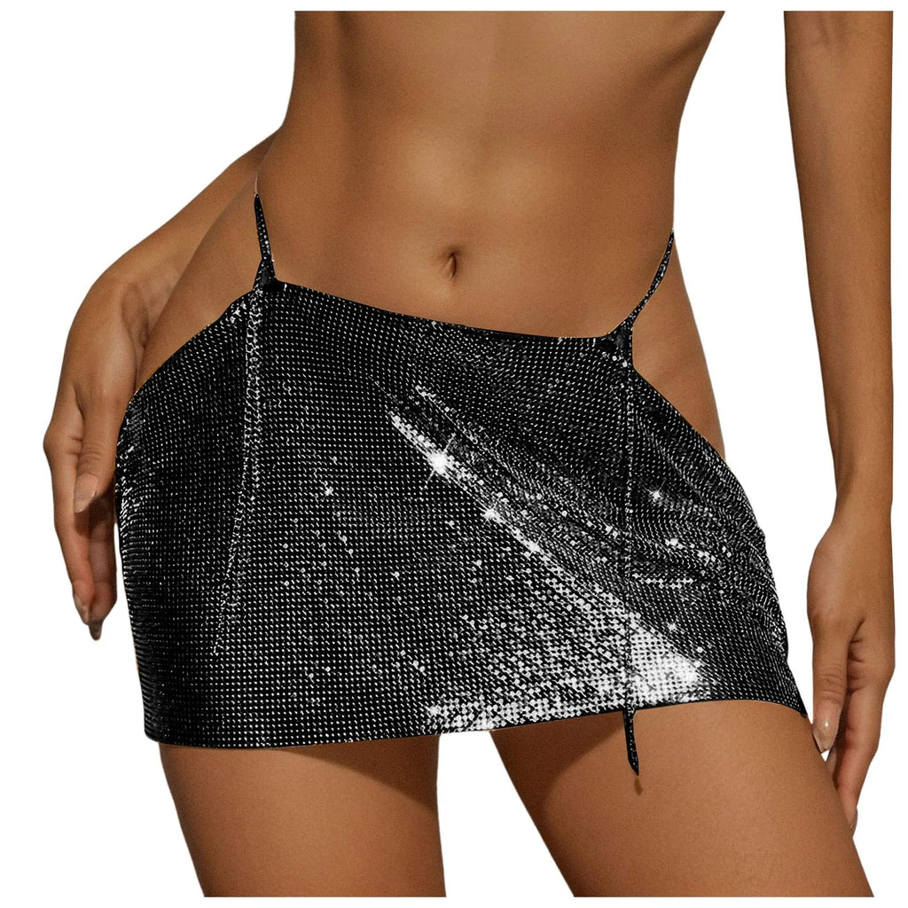 Women Sparkly Sequins Mini Skirt Low Waist Metal Chains Waistband Glitter Skirts Sexy Miniskirt Nightclub Rave Party Clubwear