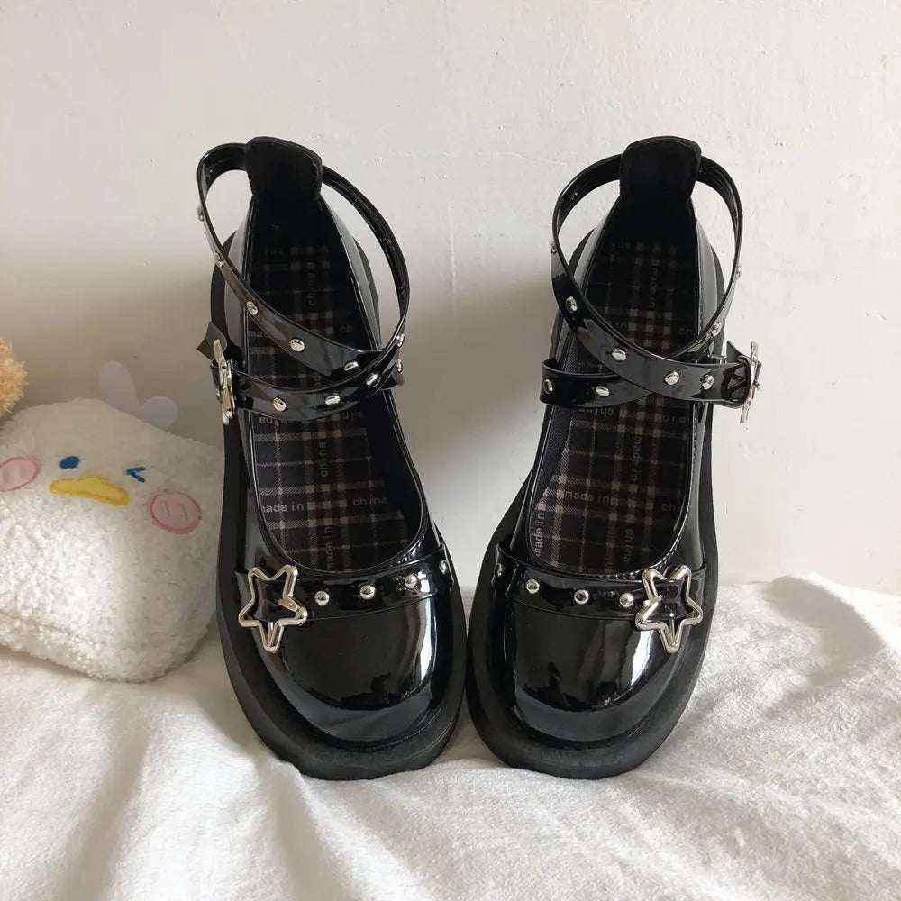 Women heels Lolita shoes platform mary jane Shoes Star Buckle Strap Mary Janes Women Cross-tied Girls Rivet Casual Shoes kawaii