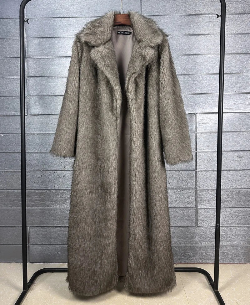 DEAT 2025 winter new fashion high quality Fox Faux Fur long Coat for Women Suit Collar solid color thick warm jacket 11A06914
