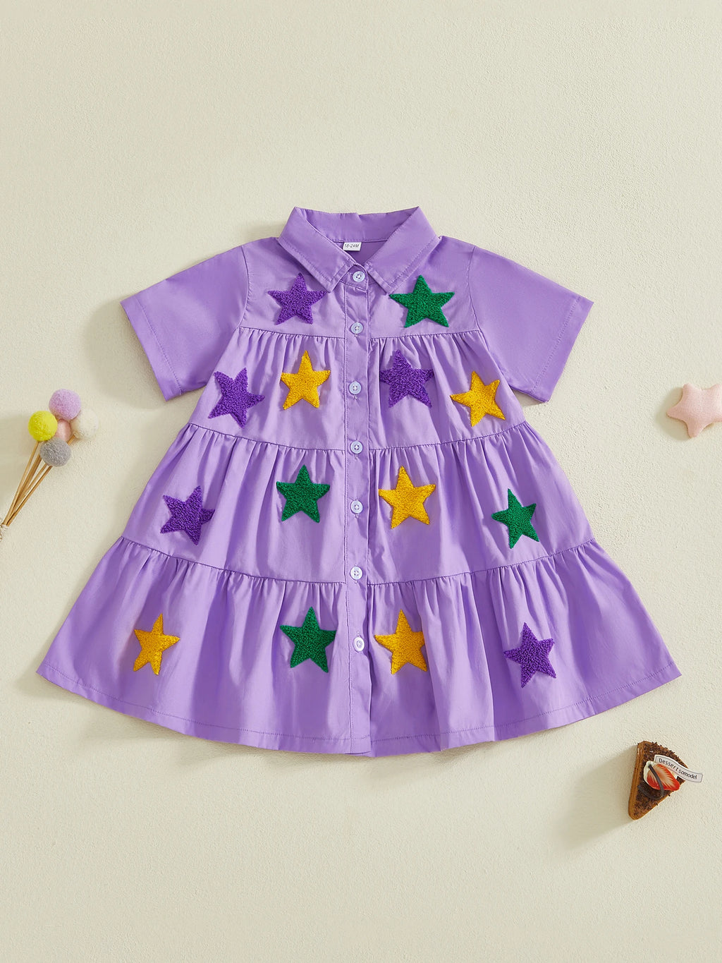 Toddler Mardi Gras Dress with Sequin Star Detail and Tiered Ruffle Skirt Short Sleeve Collared Party Dress for Girls Spring