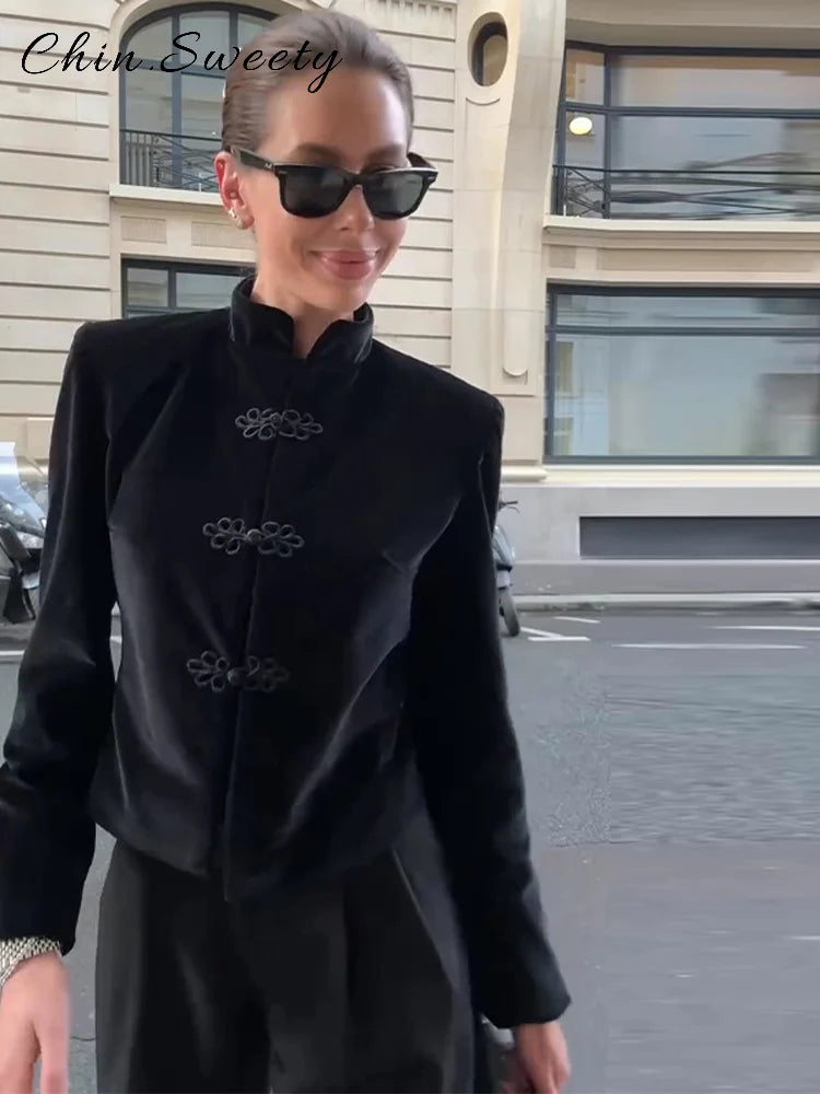 Vintage Stand Collar Velvet Frog Button Blazer Women Solid Long Sleeve Slim Cropped Jackets 2026 Spring Lady Fashion Outwear New