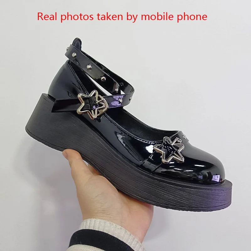 Women heels Lolita shoes platform mary jane Shoes Star Buckle Strap Mary Janes Women Cross-tied Girls Rivet Casual Shoes kawaii