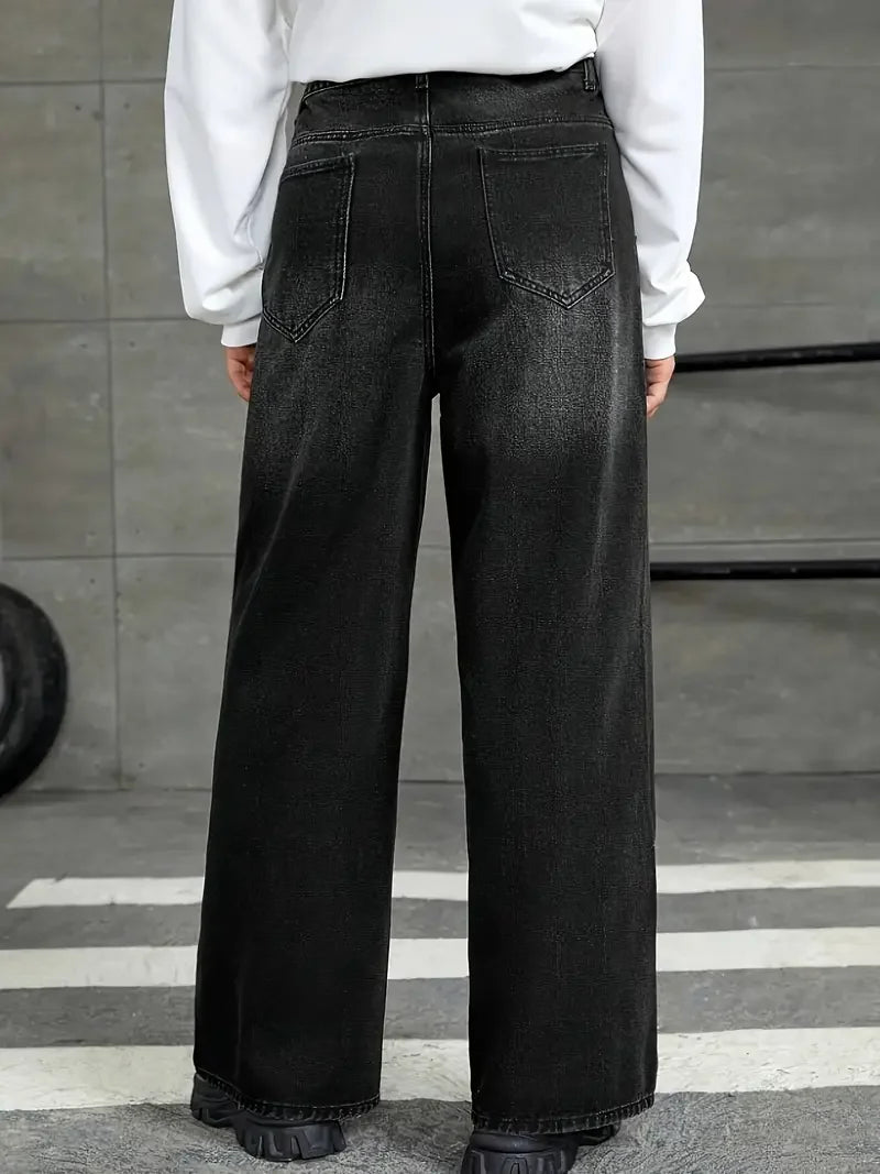 Men'S Loose Fit Black Denim Wide Leg Jeans with Raw Wash Detail - Comfortable, Versatile All-Season Wear, Casual Denim Jeans| fl