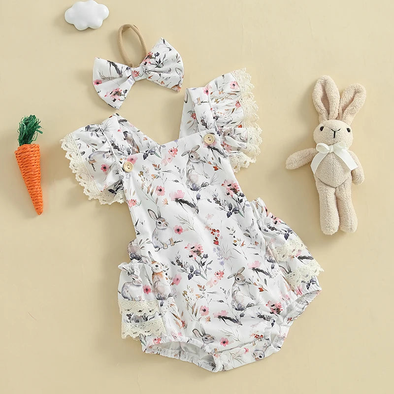 2025-01-02 Lioraitiin Baby Girls Easter Outfits Flower Bunny Print Lace Trim Flying Sleeve Spring Romper with Bow Headband Set