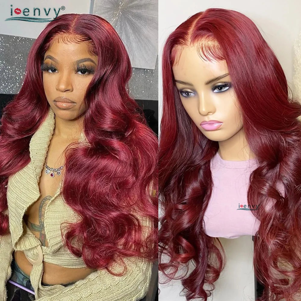 13X4 HD Transparent Lace Front Wigs Burgundy Red Human Hair Wigs PrePlucked 13X6 32Inch Body Wave Lace Front Wig For Women Curly