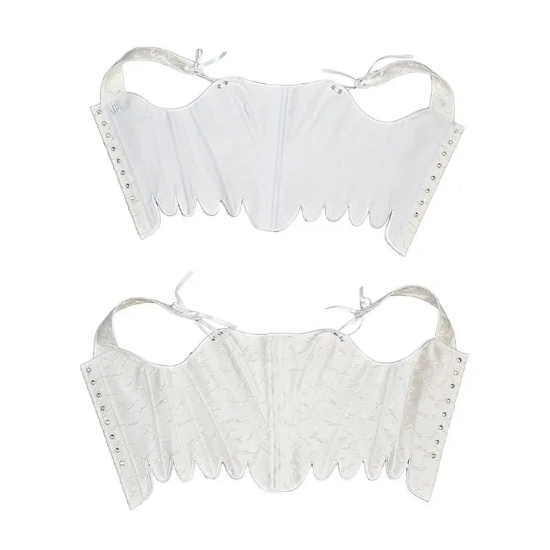 Fashion White Embossed Vintgae Petal Bodices Women Overbust Slimm Corsets Lace Up Boned Shaping Tops Korset