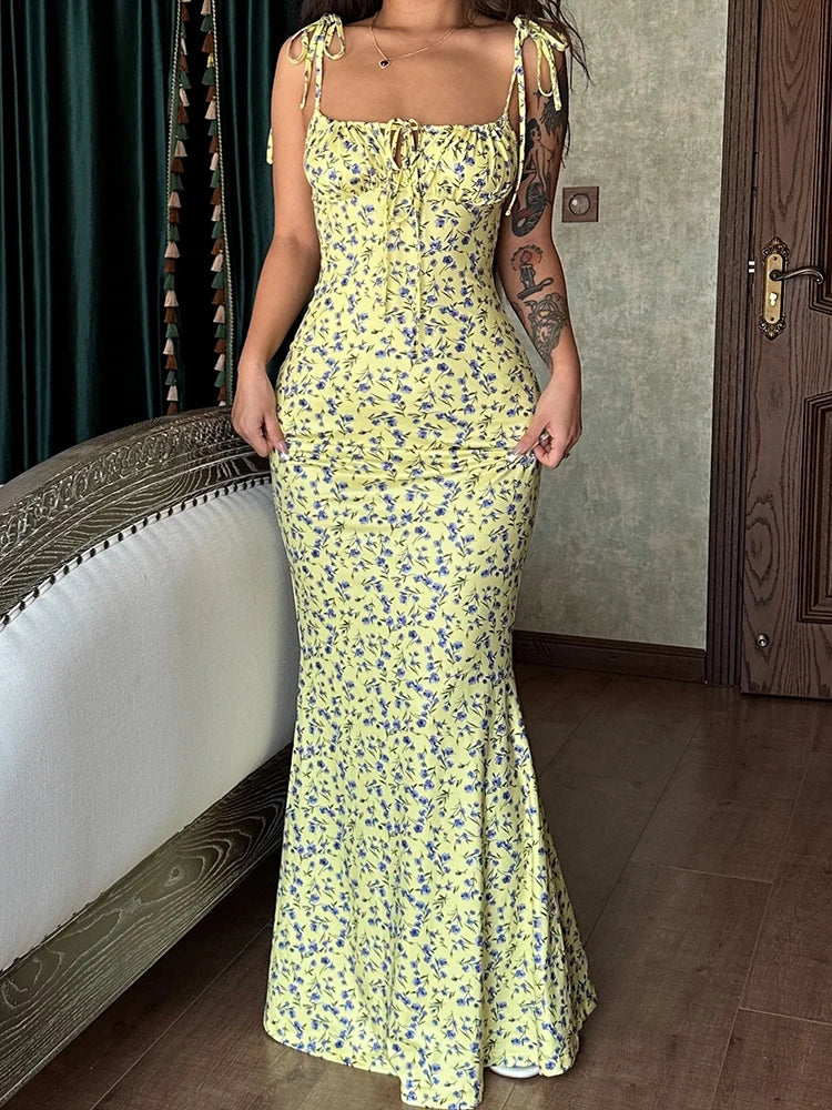 Dulzura Women Floral Print  Sleeveless Bodycon Maxi Dress Outfits Birthday Party Club Clothes